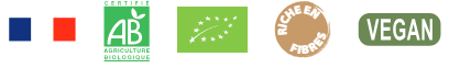 Fabriqué en France, AB Agriculture biologique, Eurofeuille bio, Riche en fibres, Vegan
